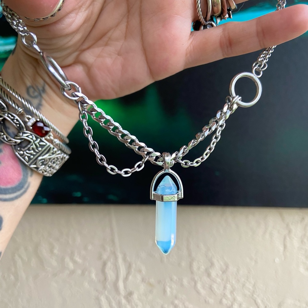 Stainless steel choker with blue iridescent opalite bullet charm boho goth - Picture 4 of 11